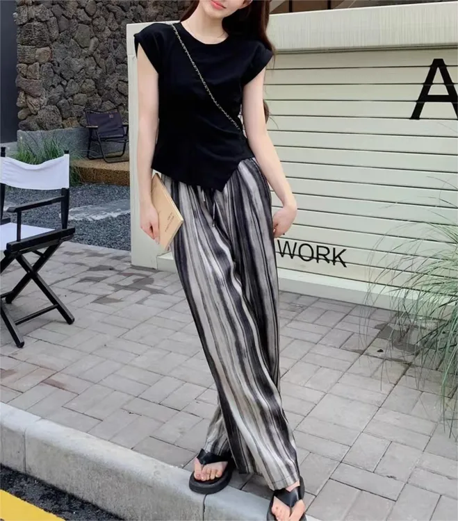 夏季新款棉绸长裤纯色宽松人造棉拖地裤百搭外穿高腰通勤裤休闲裤