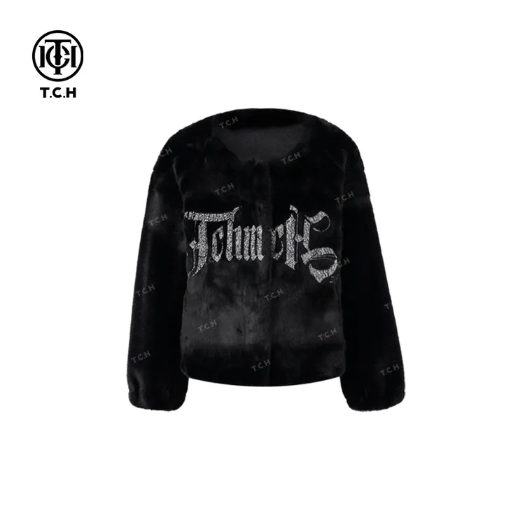 TCH轻奢烫钻工艺字母时髦黑色短款毛毛外套女T72C05E5003私服tch