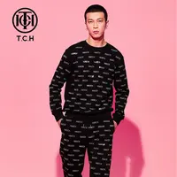 轻奢-TCH潮牌烫钻字母修身2025秋季黑色圆领卫衣T69C116007