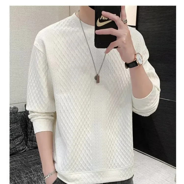 秋季新款卫衣圆领男时尚潮提花面料舒适宽松长袖T恤男春秋打底衫