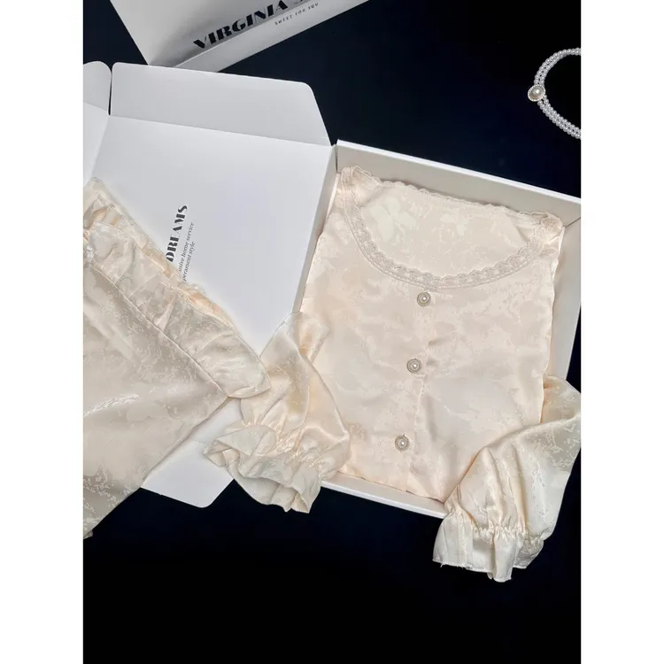 2025女士睡衣带胸垫长袖长裤春秋舒适甜美风轻奢时尚女家居服套装