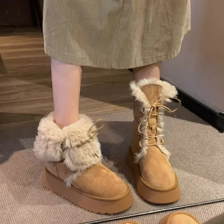 雪地靴女2024冬季新款两穿毛毛靴子加厚雪地棉厚底加绒保暖女棉鞋