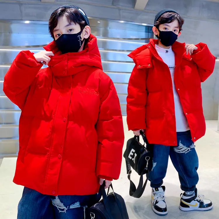 巴拉开门2025童装男童冬装羽绒服外套冬中大童红色拜年服白鸭绒