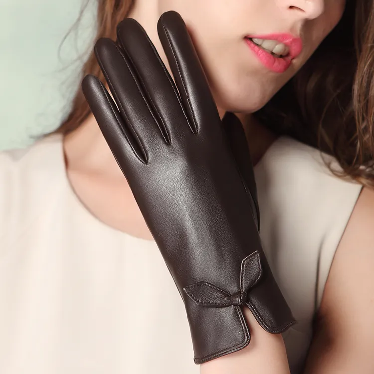 整皮山羊皮真皮皮手套女士触屏加绒加厚保暖秋冬季蝴蝶结薄款羊皮