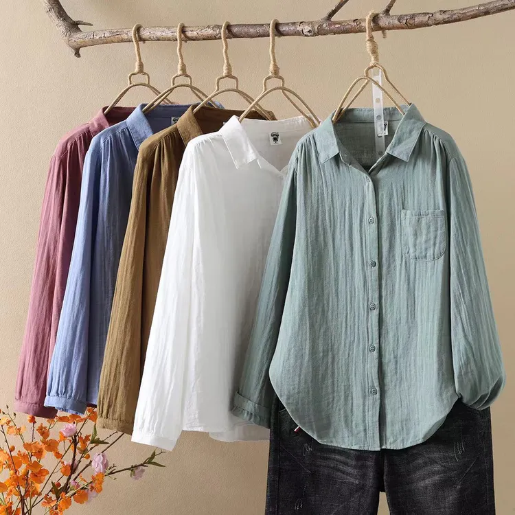 长袖纯棉衬衫女2025方领春秋简约文艺宽松显瘦双层棉纱衬衣女上衣