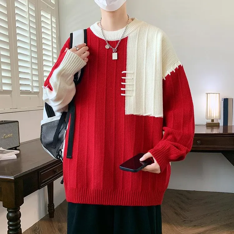 啄木鸟秋冬季新款毛衣男撞色拼接内搭针织衫红色潮过年衣服毛线衣