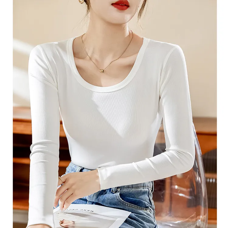 白色长袖打底衫女内搭可外穿洋气春秋款薄款修身上衣u领正肩t恤女