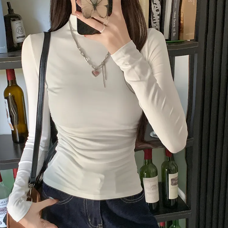 秋冬款内搭修身洋气小立领咖啡色长袖修身t恤外穿半高领打底衫女