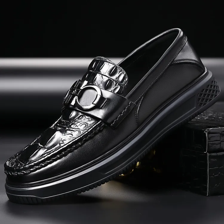 男士休闲豆豆鞋牛皮商务厚底皮鞋男一脚蹬鳄鱼纹乐福鞋男真皮