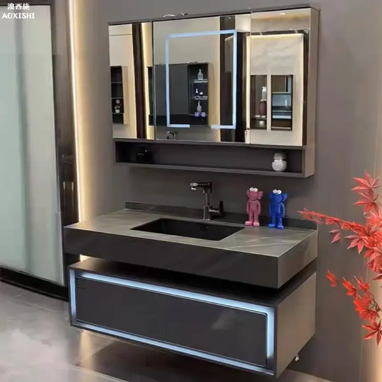 澳西施浴室柜组合岩板一体盆一整套洗漱台盆隐藏折叠风水镜定制