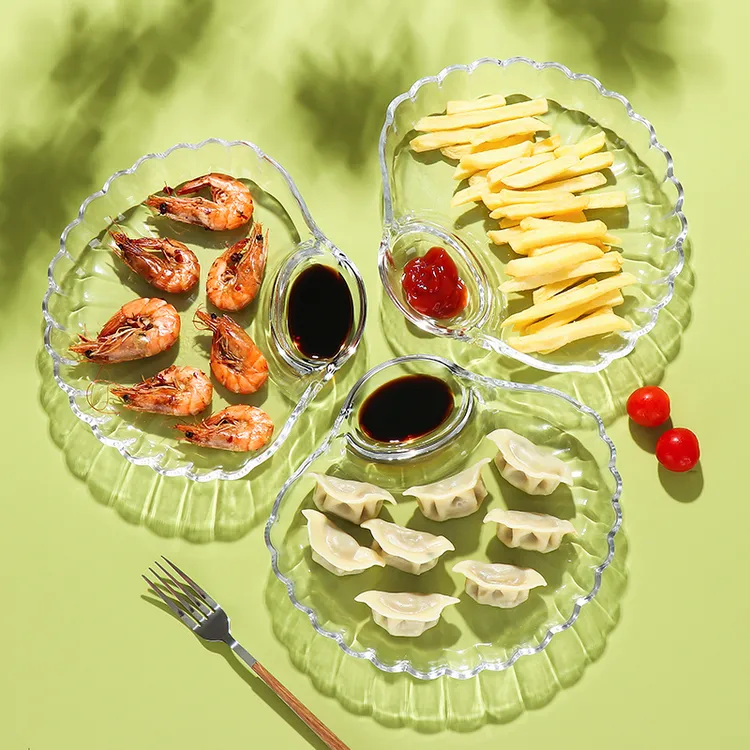 大号 2只装玻璃饺子盘子带醋碟分格餐盘家用贝壳水饺盘创意水果盘