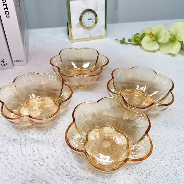 琥珀色透明玻璃碗花瓣玻璃碗ins家用高颜值沙拉碗锤纹粉色甜品碗