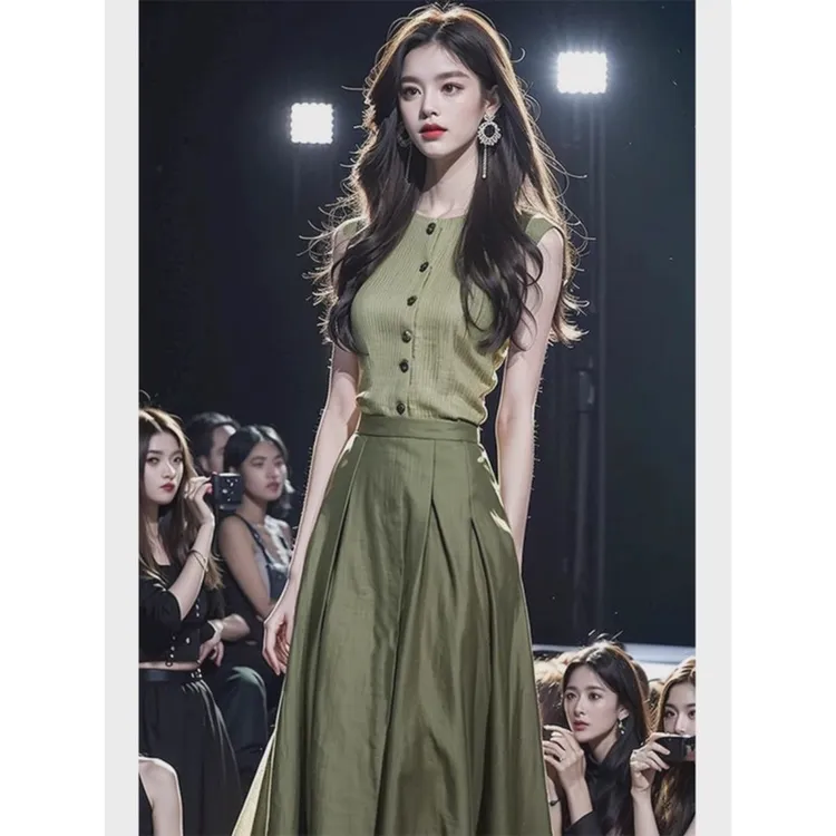 小香风淑女气质穿搭感小洋装绿色背心上衣半身连衣裙套装女夏季