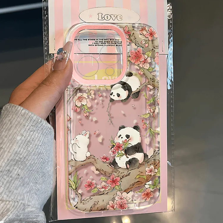 可爱桃花熊猫适用苹果13 15手机壳iPhone14promax防摔12 11卡通xr