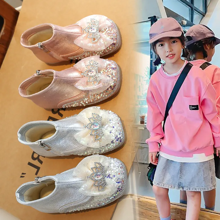 清仓女童短靴水晶公主鞋冬季新款加绒儿童靴子卡通小女孩棉靴皮靴