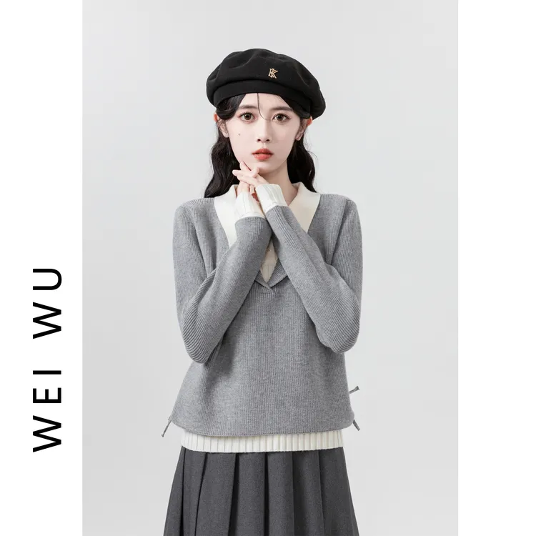 灰色假两件毛衣女2025春秋新款设计感撞色POLO领针织衫小个子上衣