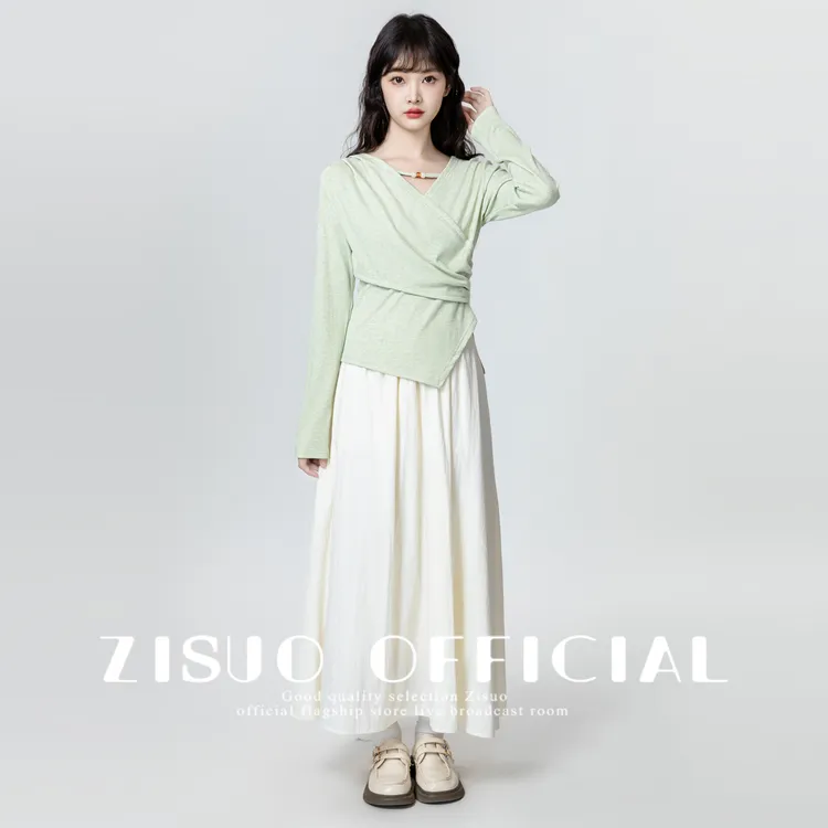 绿色不规则V领长袖T恤女2024春秋新款交叉设计感收腰显瘦上衣chic