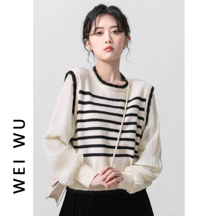 法式假两件针织衫女2025春秋季新款温柔拼接撞色衬衫条纹毛衣上衣