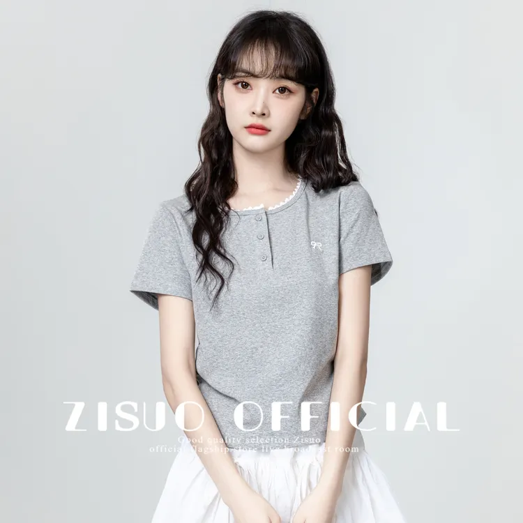 灰色蕾丝花边短袖T恤女2025夏季新款褶皱收腰显瘦正肩体恤短上衣