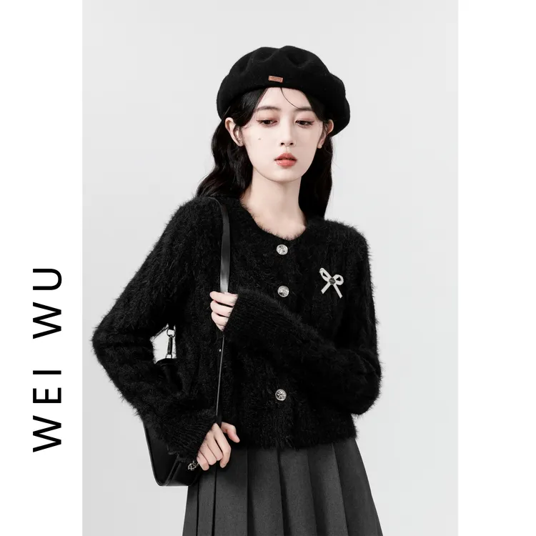 黑色马海毛毛衣外套女2025秋冬新款水貂绒软糯加厚针织开衫短上衣