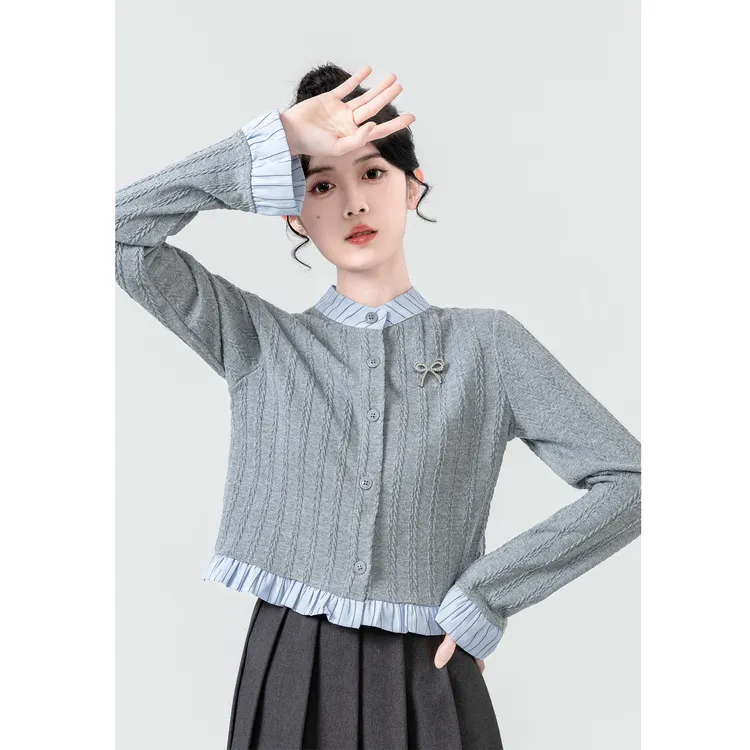 灰色假两件针织开衫女春秋2025新款设计感拼接小个子荷叶边短上衣