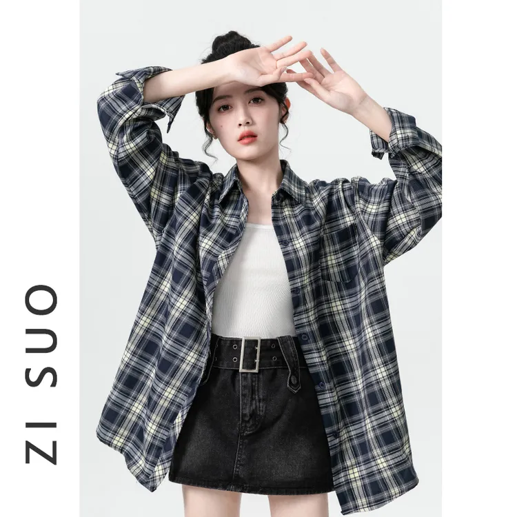 POLO领格子长袖衬衫女2025春秋新款复古港风休闲薄款衬衣外套上衣