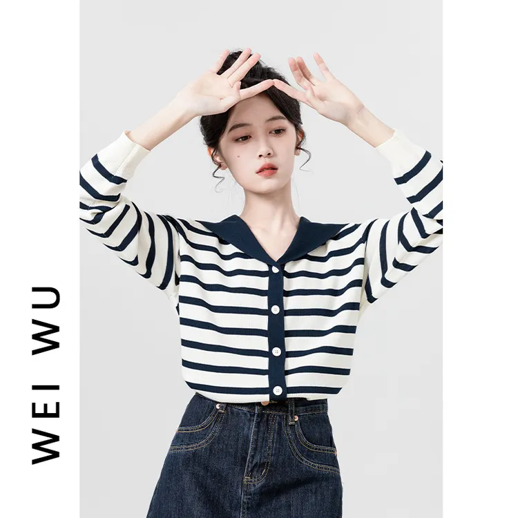 海军领长袖针织开衫女春秋2025新款设计感小众撞色薄款毛衣短上衣