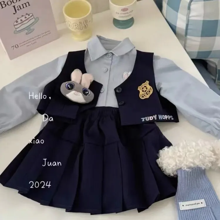 三件套新款女童兔子jk制服套装长袖儿童学院风背心裙百褶半身裙