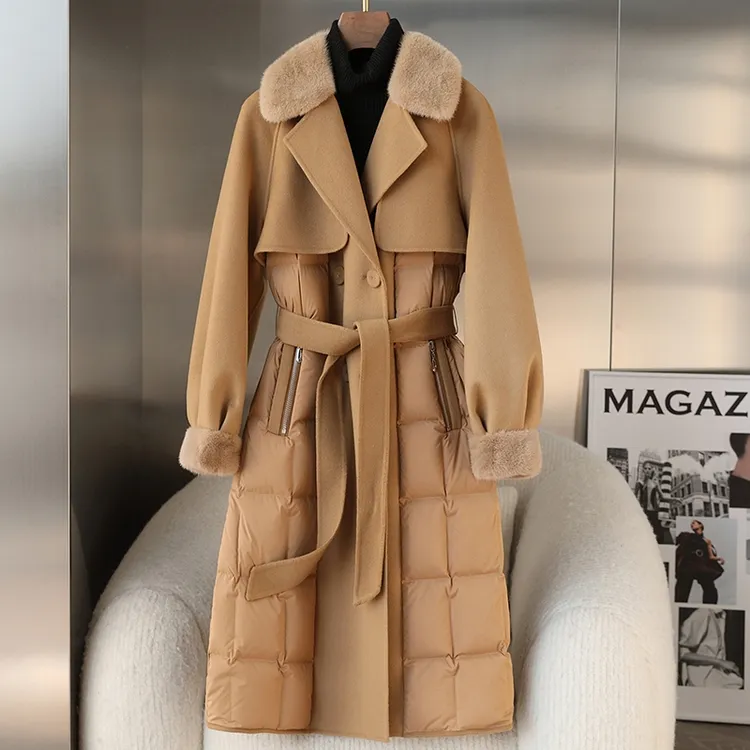 2025冬季新款大毛领羊毛呢拼接双面毛呢大衣中长款外套女