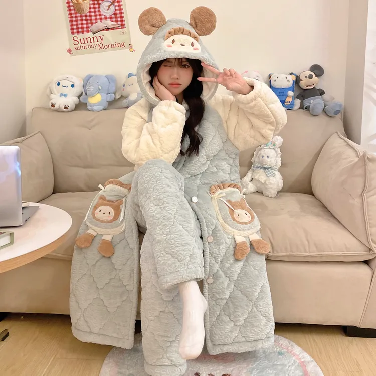 2025三层夹棉睡衣女秋冬季加绒加厚连帽睡袍可爱浴袍家居服冬天