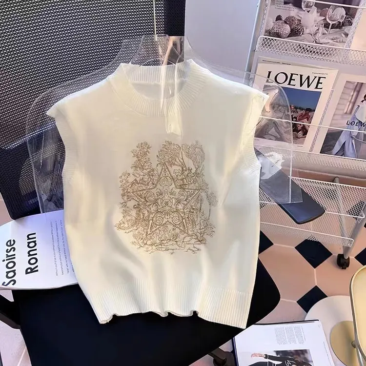 轻奢刺绣打底背心女春夏复古减龄无袖针织衫小个子白色吊带上衣潮