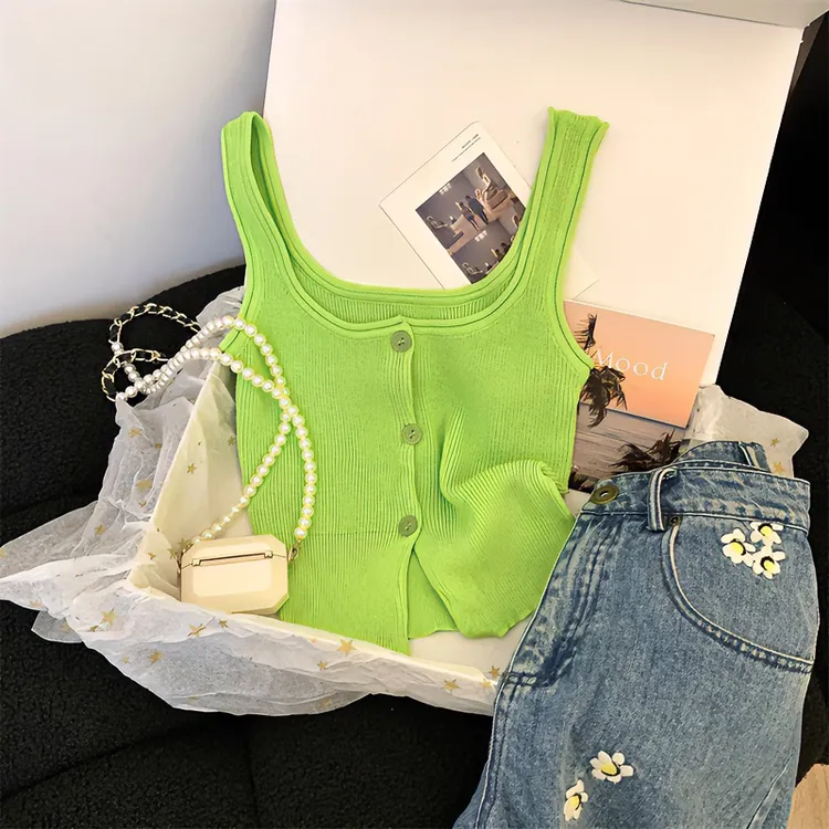 薄荷曼波风绿色针织吊带背心女夏款单排扣开衫设计感无袖上衣外穿