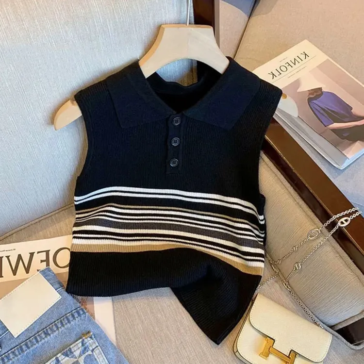 韩系港风polo翻领针织背心女短款夏季通勤休闲无袖冰丝t恤打底衫