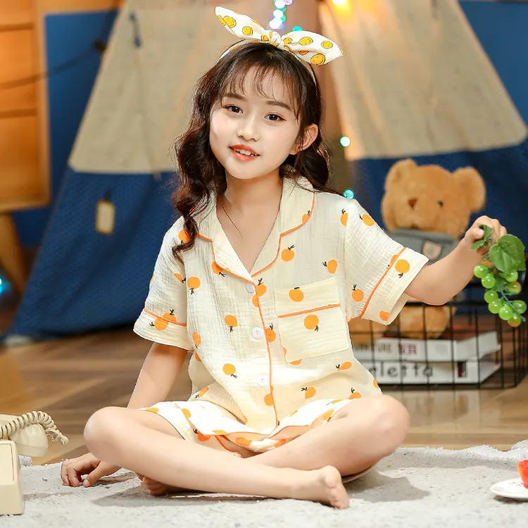 女童睡衣夏季纱布纯棉短袖薄款空调服中大童6-12岁儿童家居服套装