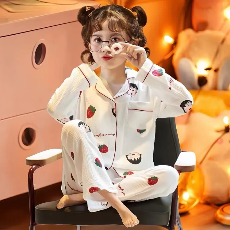 儿童睡衣女童春秋季薄款纯棉长袖纱布女孩宝宝大童卡通家居服套装