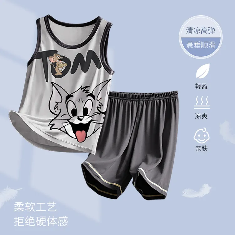 儿童莫代尔睡衣男童夏季薄款无袖背心空调服男孩中大童卡通家居服