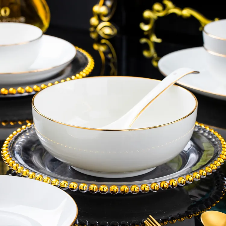 金色年华8英寸汤碗1个+大勺1个景德镇陶瓷碗盘餐具大号家用泡面碗