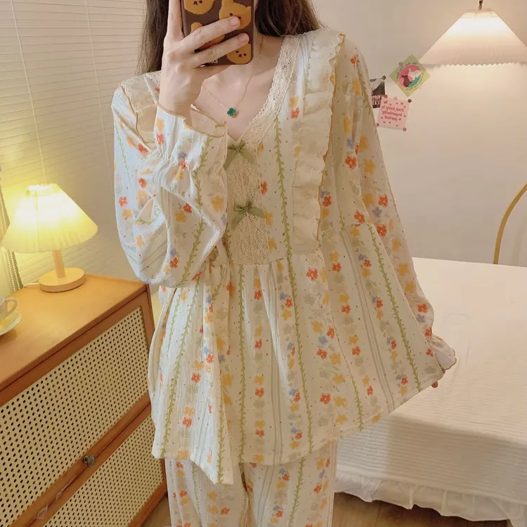 1003春秋季睡衣女大码长袖甜美薄款家居服套装宽松公主风韩版