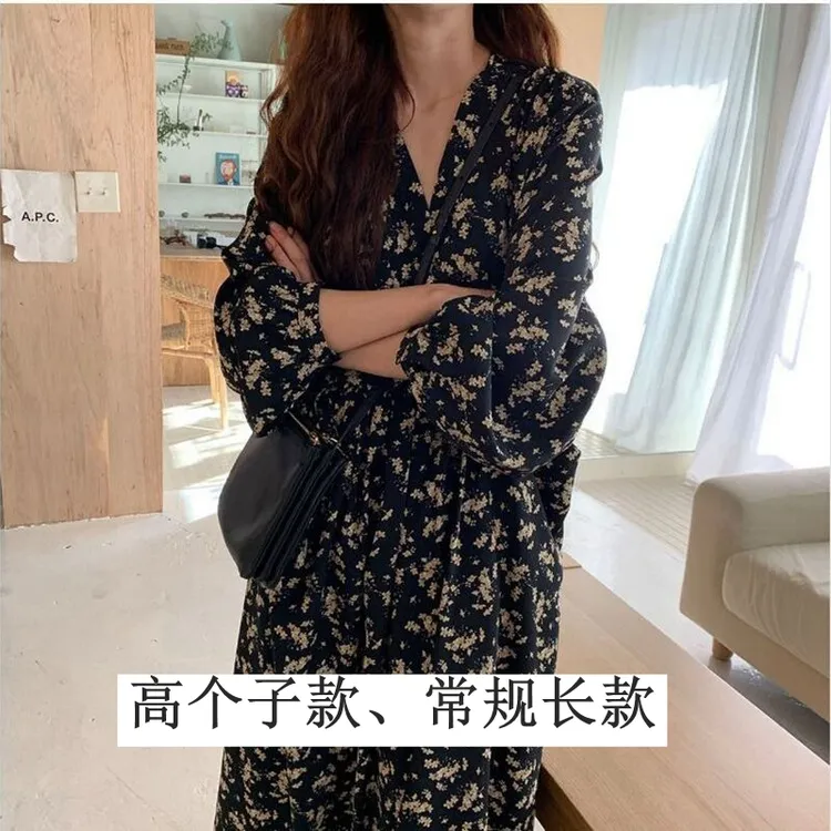 高个子连衣裙到脚踝法式气质170春秋季女装175加长款碎花裙超长裙