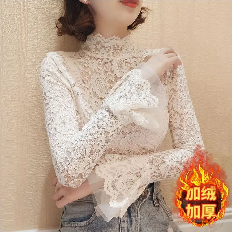 蕾丝打底衫加绒女新款网纱荷叶边高领内搭喇叭袖紧身性感百搭上衣