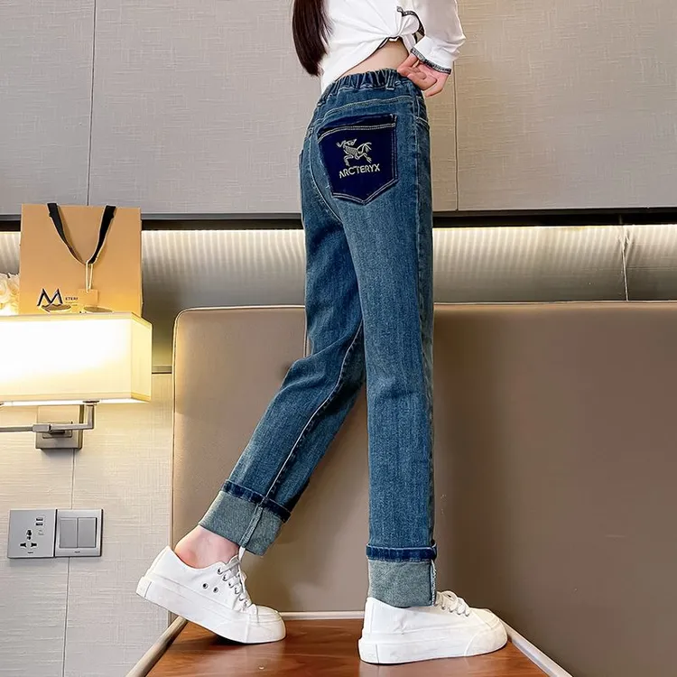女童牛仔裤儿童洋气弹力修身宽松一体绒弹力长裤春秋中大童外穿