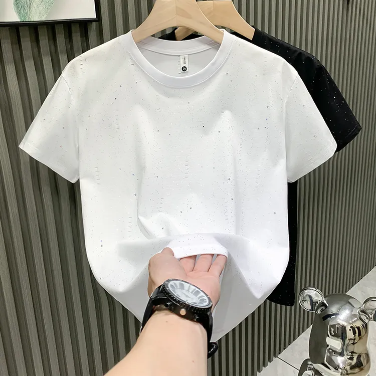夏季满天星烫钻短袖T恤男士百搭设计感破洞休闲潮牌圆领轻奢体恤