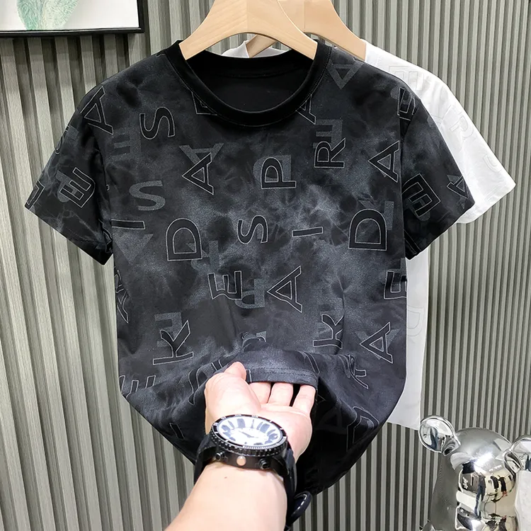 欧货潮牌字母印花短袖T恤男士2024夏季设计感扎染百搭修身体恤潮