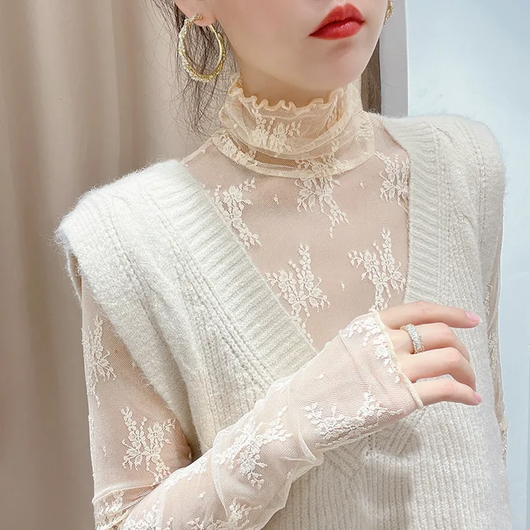 高贵洋气杏色蕾丝打底衫女春秋毛衣内搭薄款纱衣高领透视网纱上衣