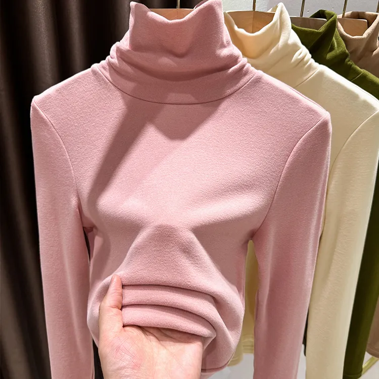高领粉色双面德绒打底衫女款爆款2025新款内搭高级感加绒保暖上衣