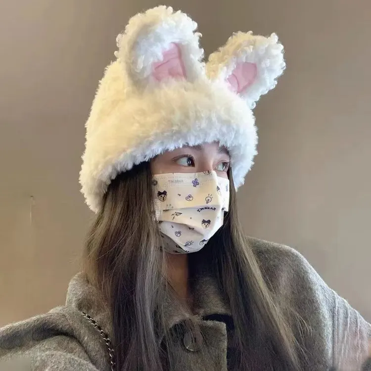 新款可爱毛绒兔耳朵帽子女秋冬保暖针织帽护耳显脸小冷帽包头帽潮