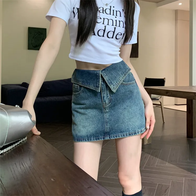 设计感高腰翻边牛仔裙女夏季2025小个子复古辣妹风显瘦短裙半身裙