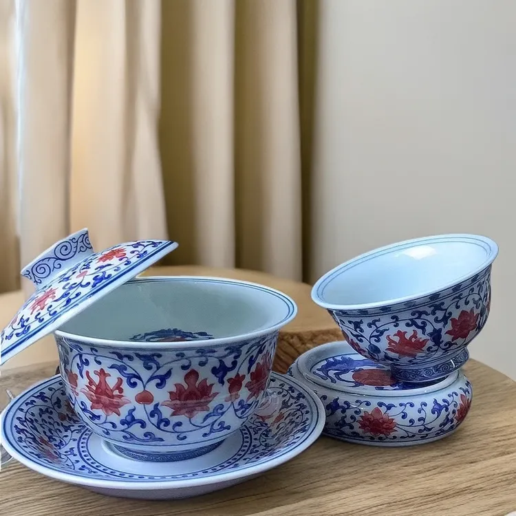 景德镇手工茶具高温釉下彩大号泡茶盖碗可悬停家用陶瓷茶具套装