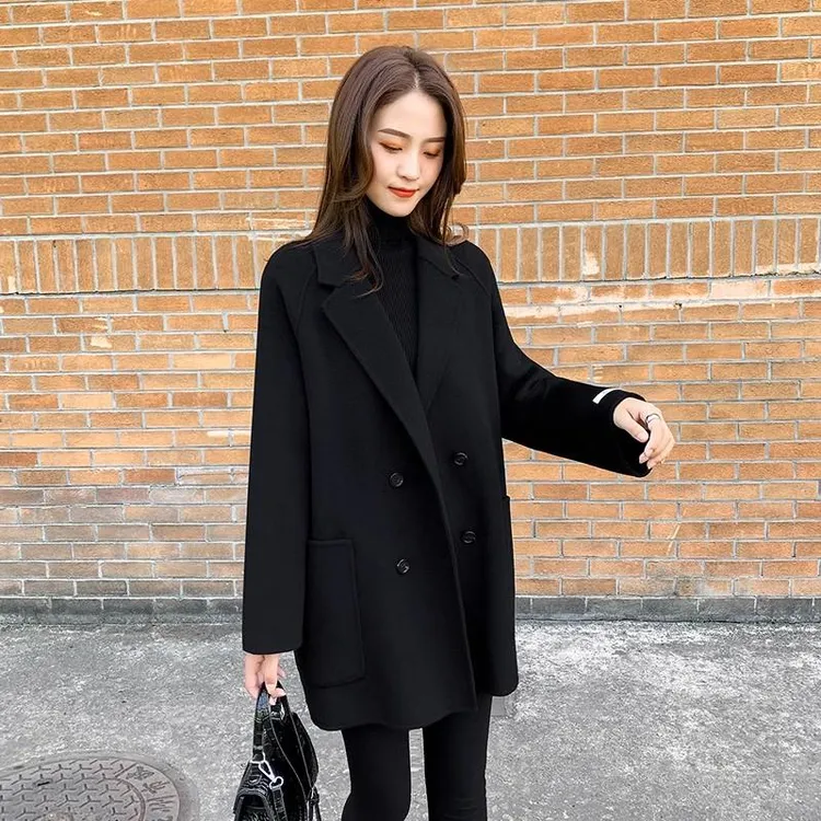 她他百伦大码女装黑色显瘦毛呢西装外套女24春秋新款双面羊绒呢子