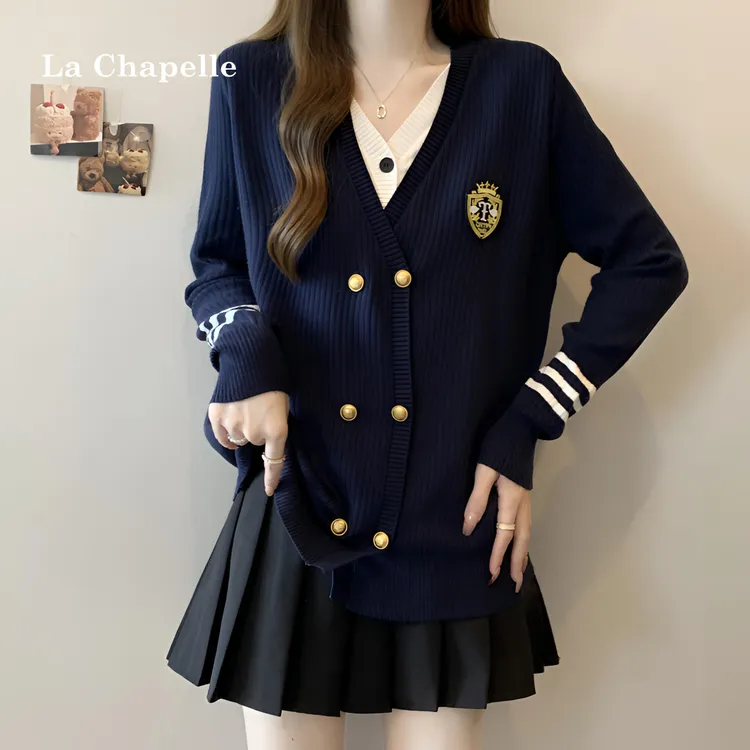 拉夏贝尔大码遮肚学院风v领假两件针织衫女秋冬毛衣气质显瘦上衣